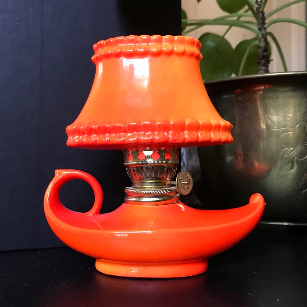 Small Mid Century Bright Orange Genie Oil Lamp